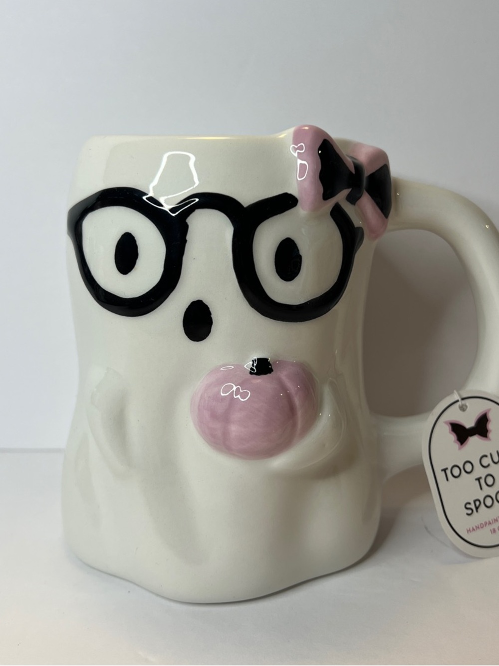Sunday Morning Ceramics Halloween Ghost Bow Pumpkin White Pink Mug New